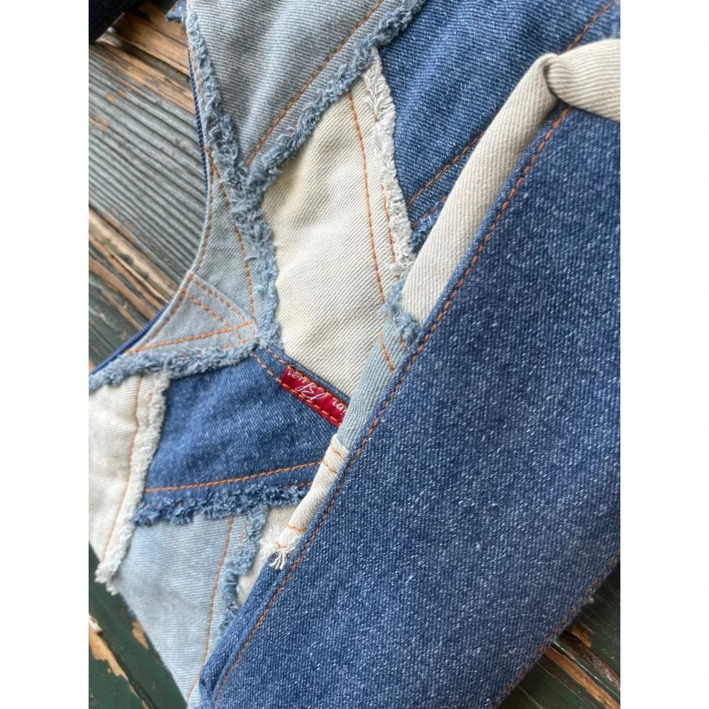 Denim Blues Patchwork Hobo Bag Blue Cream Frayed Crossbody Vintage Style